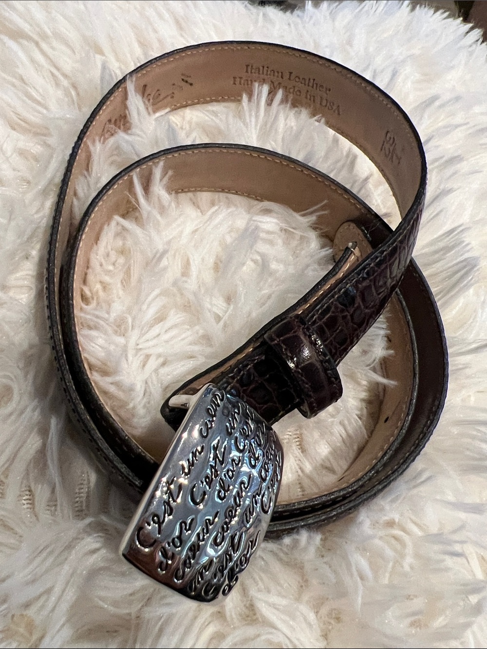 Brown Croc-Embossed Leather Belt with Script Metal Buckle